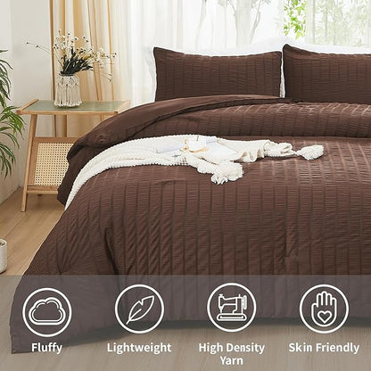 AveLom Brown Seersucker California King Comforter Set (104x96 inches), 3 Pieces-100% Soft Washed Microfiber Lightweight Comforter with 2 Pillowcases, All Season Down Alternative Bedding Set