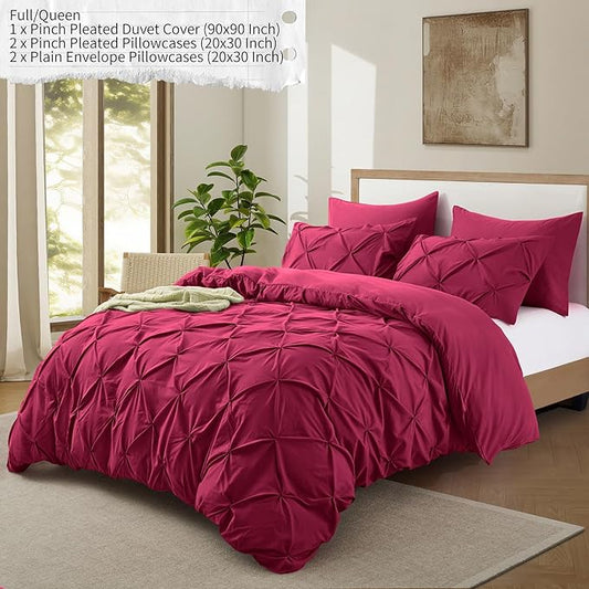 VACVELT 5 Piece Pinch Pleated Duvet Cover Full/Queen Size Set, Burgundy Pintuck Duvet Cover with Zipper & 8 Ties, Shabby Chic Microfiber Duvet Cover + 2 Pillow Shams + 2 Pillowcases, No Comforter