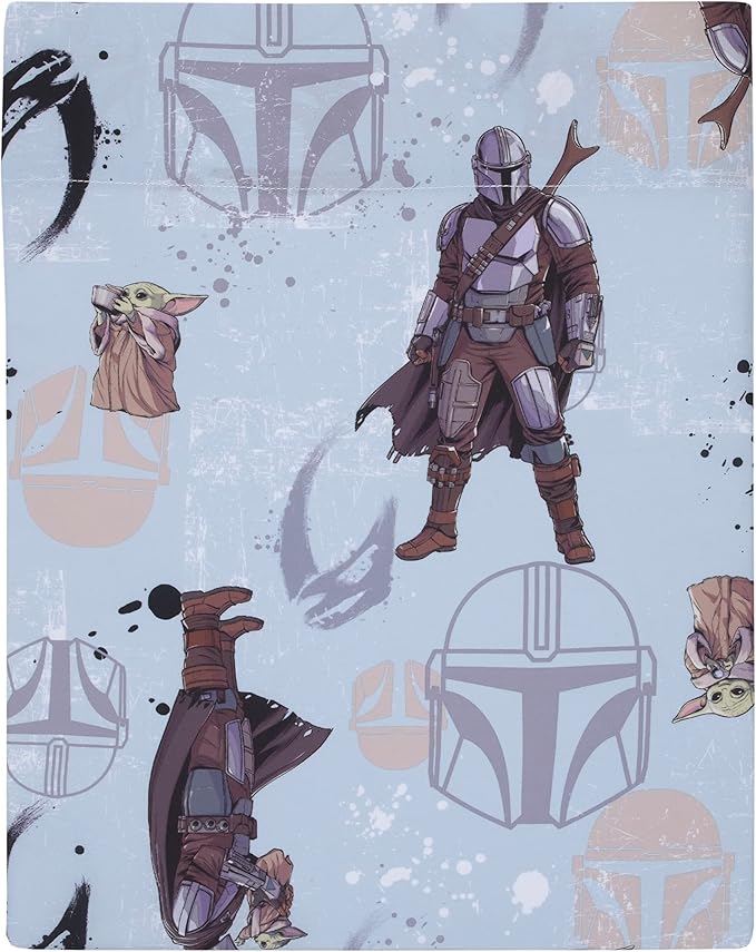 Disney Star Wars The Mandalorian Grey, Tan and Blue 4 Piece Toddler Bed Set - Comforter, Fitted Bottom Sheet, Flat Top Sheet, and Reversible Pillowcase
