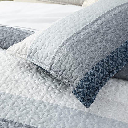 DURLENGEN Quilt Set Queen Size 3Pcs,Soft Microfiber Lightweight Bedspread,Blue & Navy Striped Geometric Pattern Coverlet for All Season Layering(Queen 90x96, Blue Patchwork)