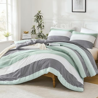 Litanika Queen Comforter Set Sage Green - 3 Pieces Lightweight Quilt Bedding Comforter Sets, Light Green White Colorblock Stripe Fluffy Bed Set, All Season Down Alternative
