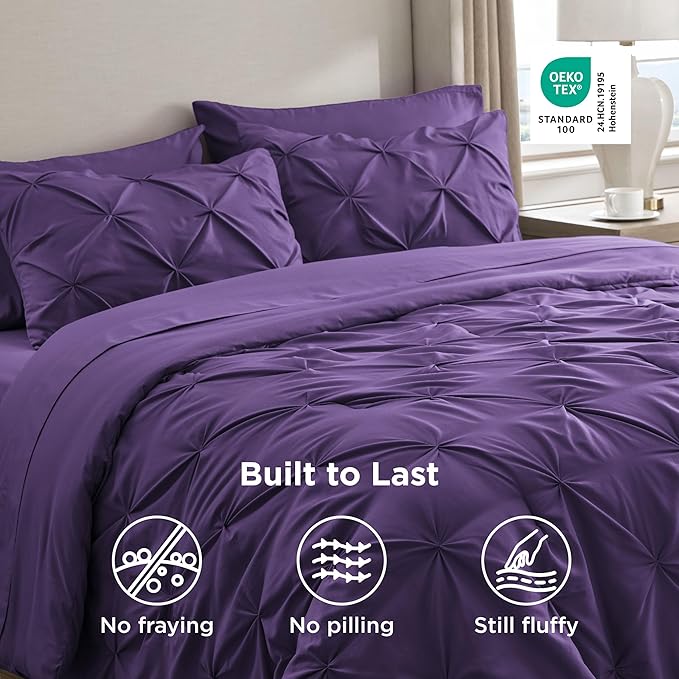 Bedsure Twin XL Comforter Set - Extra Long 5 Pieces Dorm Bedding Sets, GentleSoft™ Pinch Pleat Purple Bed in a Bag with Pintuck Comforter, Sheets, Pillowcase & Sham