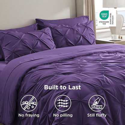 Bedsure Twin XL Comforter Set - Extra Long 5 Pieces Dorm Bedding Sets, GentleSoft™ Pinch Pleat Purple Bed in a Bag with Pintuck Comforter, Sheets, Pillowcase & Sham