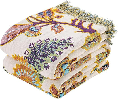 Boho Throw Blanket for Bed, 100% Cotton Soft Rustic Quilt Fall Blanket, 90"x98" Floral Printed Farmhouse Decor Bed Blankets, All Season Rustic Reversible Bohemian Throw Quilt