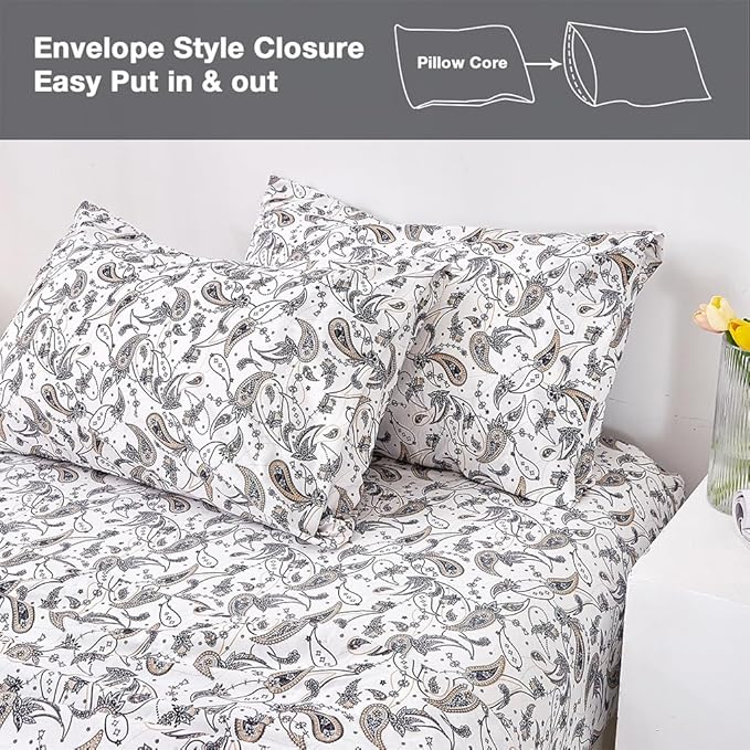 JSD Grey Paisley Printed Sheet Set Cal King, 4 Piece Soft Retro Pattern Microfiber Sheets Extra Deep Pocket