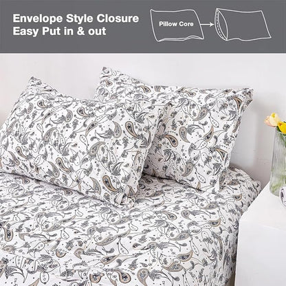 JSD Grey Paisley Printed Sheet Set Cal King, 4 Piece Soft Retro Pattern Microfiber Sheets Extra Deep Pocket