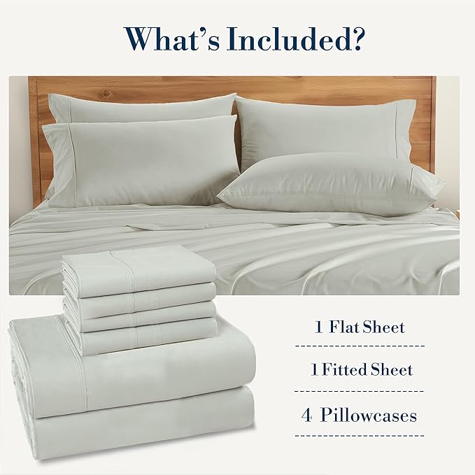 Casa Platino Full Percale Sheet Set– 6 Piece 100% Cotton Sheet Set Full, with 15” Deep Pocket Fitted Sheet, Crisp Weave for Cool Cozy Sleep, Soft & Breathable, Everyday Essential Sheets – Silver