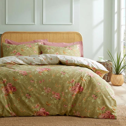 mixinni Duvet Cover Full Size, Long Staple Cotton Reversible Green Floral Duvet Cover Set with Zipper Ties, 3 Pieces Botanical Pink Flowers and Green Branches Patterns Bedding Set