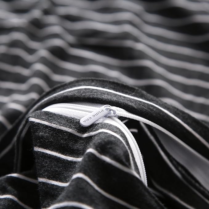 PURE ERA Jersey Knit Duvet Cover Set 100% T-Shirt Heather Cotton Super Soft Comfy Classic Striped Design, with Zipper Closure, Heather Black & White Pinstripe, Queen