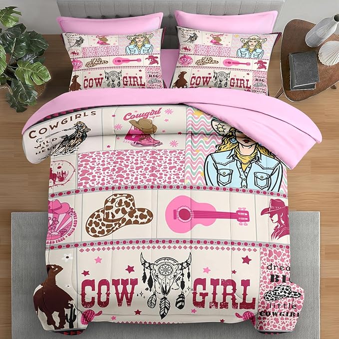 Comforter Set Queen Size, Cowgirl Western Country 7 Pcs Bedding for Kids and Adults, Cowboy Rustic Retro Bed Sheet Sets with Fitted Sheet 2 Pillowcases & 2 Shams for Bedroom Bed Decor