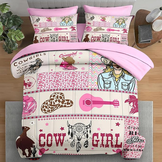 Comforter Set Queen Size, Cowgirl Western Country 7 Pcs Bedding for Kids and Adults, Cowboy Rustic Retro Bed Sheet Sets with Fitted Sheet 2 Pillowcases & 2 Shams for Bedroom Bed Decor