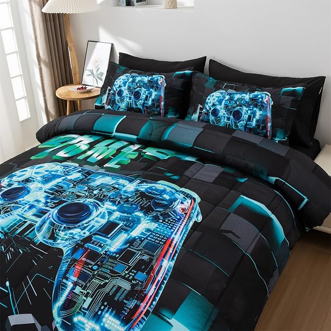 Aimuan Gamer Gaming Bedding Sets 3D Gamepad Comforter Sets for Boys Games Console Action Buttons Novelty Colorful Game Controller Modern Room Decor Home Quilt Set (Cyan, Twin 3PCS)