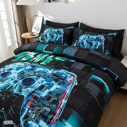 Aimuan Gamer Gaming Bedding Sets 3D Gamepad Comforter Sets for Boys Games Console Action Buttons Novelty Colorful Game Controller Modern Room Decor Home Quilt Set (Cyan, Twin 3PCS)