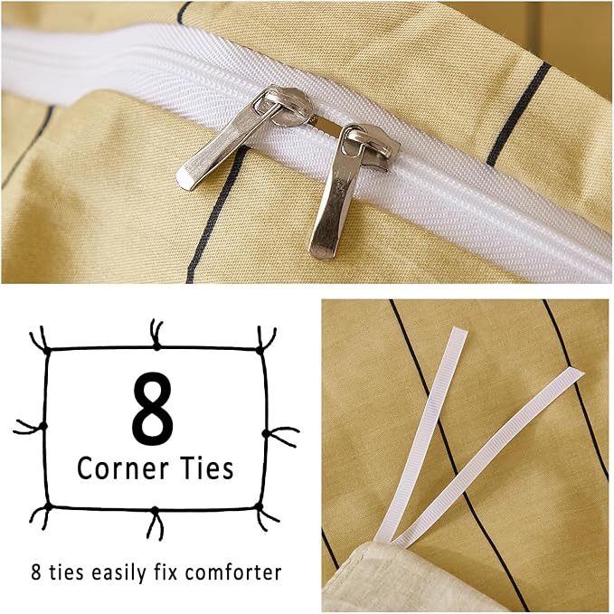 Merryword Yellow Striped Duvet Cover Set Queen Size, Natural Cotton Bedding Set with Zipper Closure & 8 Corner Ties, Soft Breathable Luxury Linen Like Bedding for All Seasons
