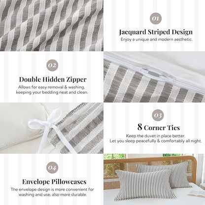 MILDLY Taupe Striped Duvet Cover - 100% Washed Cotton Jacquard Textured Comforter Cover with Dual Zipper Closure & 8 Coner Ties