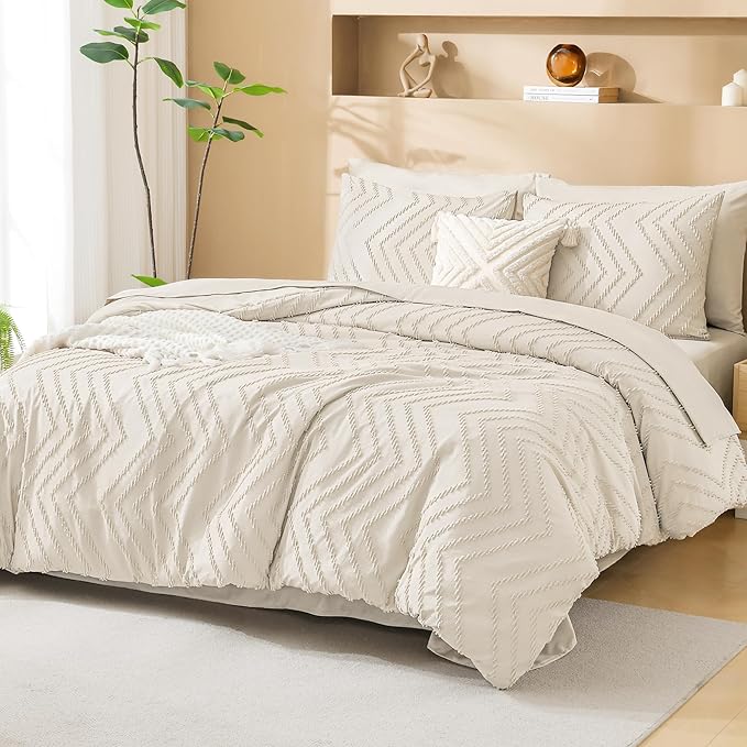 Litanika California King Comforter Set with Sheets Beige - 7 Pieces Bed in a Bag Cal King Cream Boho Tufted Complete Bedding Sets with Comforter, Sheets, Pillowcases & Shams