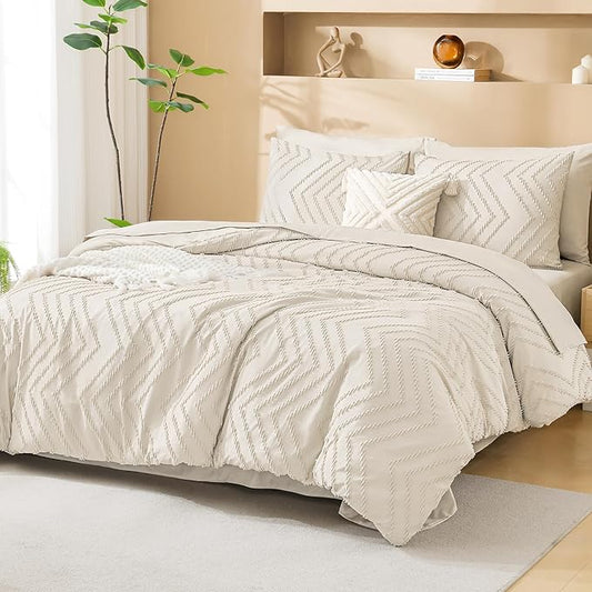 Litanika California King Comforter Set with Sheets Beige - 7 Pieces Bed in a Bag Cal King Cream Boho Tufted Complete Bedding Sets with Comforter, Sheets, Pillowcases & Shams