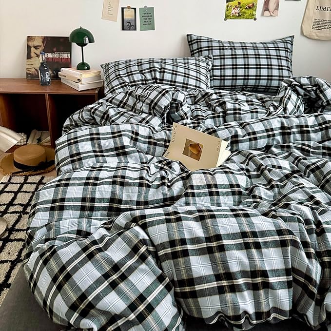 mixinni Vintage Grey & Pale Blue Buffalo Plaid Duvet Cover Set Twin Size - 3 Piece Washed Cotton Bedding Set with Grid Pattern, Soft & Breathable Duvet Cover with Pillowcases for Boys, Men& Women