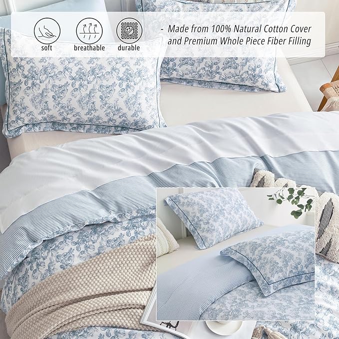 Vintage Cotton Comforter Queen Size 3Pcs - Elegant Pale Slate Blue Floral Pattern on White with Light Blue & White Striped Reverse, Luxurious Lightweight Bedding Sets with Soft Fill(90"×90")