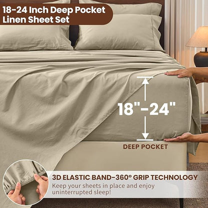 Bedlifes 100% French Flax Linen Sheets Set King Size - 6 Piece Extra Deep Pocket 18-24",Soft Breathable King Bed Sheets with Temperature Regulating & Moisture-Wicking(Taupe