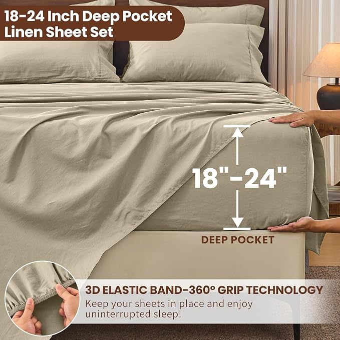 Bedlifes 100% French Linen Sheets King Size 18-24”Extra Deep Pocket 4-Piece Set Breathable & Moisture-Wicking,Soft & Durable Sheets for Thick Mattresses(Taupe)