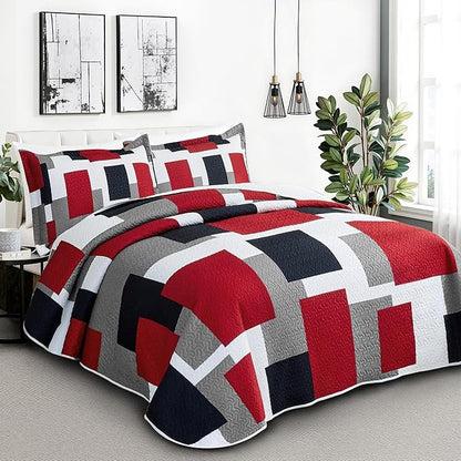 3 Piece Red Black Grey Quilt Set California King Size Red White Geometric Reversible Bedding Set Microfiber Lightweight Bedspread Coverlet with 2 Shams Bed Cover for All Season, 118''x106''
