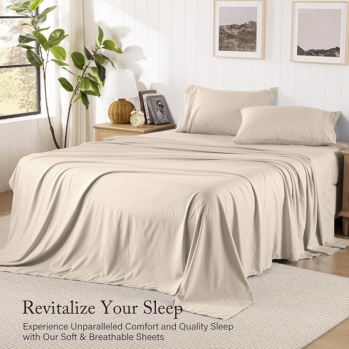 ROSE&RISY Sand Queen Sheet Set, Pre-Washed Cotton-Like Brushed Microfiber, 4 Pieces Super Soft Bed Sets, Breathable Cooling Deep Pockets, Includes 1 Fitted, 1 Flat, 2 Pillowcases (Sand, Queen)