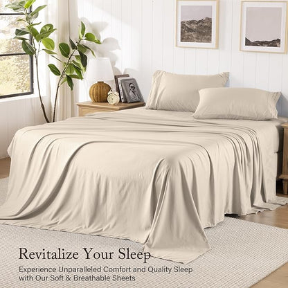 ROSE&RISY Sand Queen Sheet Set, Pre-Washed Cotton-Like Brushed Microfiber, 4 Pieces Super Soft Bed Sets, Breathable Cooling Deep Pockets, Includes 1 Fitted, 1 Flat, 2 Pillowcases (Sand, Queen)