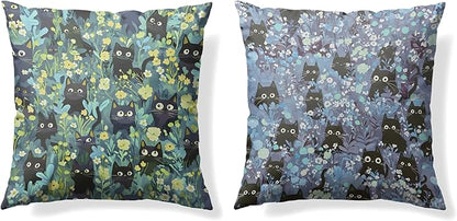 Black Cats Throw Pillow Covers 18x18,Gifts for Cat Lovers, Boho Floral Cat Pillowcases, Black Cats Decor Throw Pillow Covers,Aesthetic Spring Decor for Dorm Bedroom