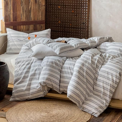 EAVD Retro Grey White Striped Duvet Cover Queen Soft 100% Washed Cotton Reversible Striped Bedding Set with 2 Pillowcases Farmhouse Geometric Pattern Duvet Cover with Zipper Closure