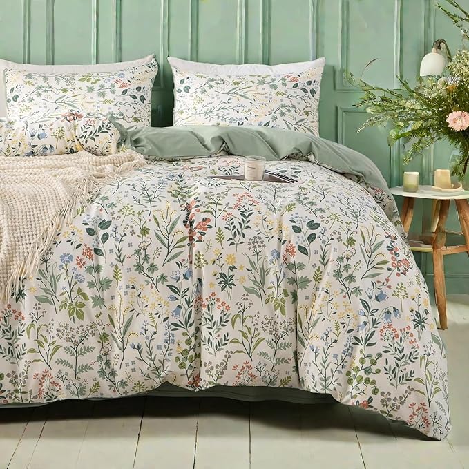 Mixinni Sage Green Floral Duvet Cover Set - Soft Cotton Cute Wildflower Green Leaves Print, Full Size, 1 Duvet Cover and 2 Pillowcases with Zipper & Ties