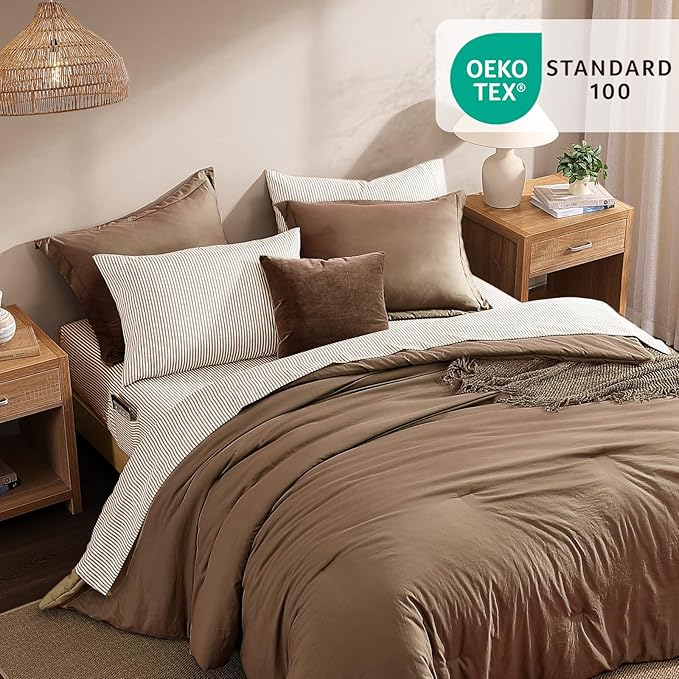 Monbix Full Size Comforter Set - 7 Pieces Brown Prewashed Bed in a Bag Full Bedding Sets with Comforters, All Seasons Ultra Soft Comforter Bed Set with Sheets,Pillowcases & Shams