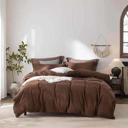 Stripe Duvet Cover Queen Size 90inch x 90inch,100% Washed Cotton Pinstripe Duvet Cover with Zipper Closure and 2 Pillowcases, Color of Cocoa Brown-Black Stripe