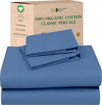 California Design Den Soft 100% Organic Cotton Sheets Full Size Bed Set - Crisp and Cool Percale Organic Sheets, Deep Pockets with Anti-Skid Elastic, Breathable and Durable Bedding Set - Riviera Blue