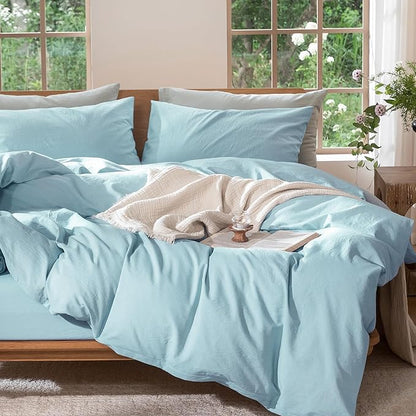 MooMee Bedding Duvet Cover Set 100% Washed Cotton Linen Like Textured Breathable Durable Soft Comfy (Heathered Light Blue, Queen 90"x90")