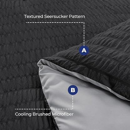 HYMOKEGE Black/Light Grey Duvet Cover Queen Size, Ultra Soft 3-Piece Seersucker Duvet Cover Set with Zipper Closure, Soft Brushed Microfiber Bedding Set with 8 Corner Ties (90"x90", 2 Pillowshams)