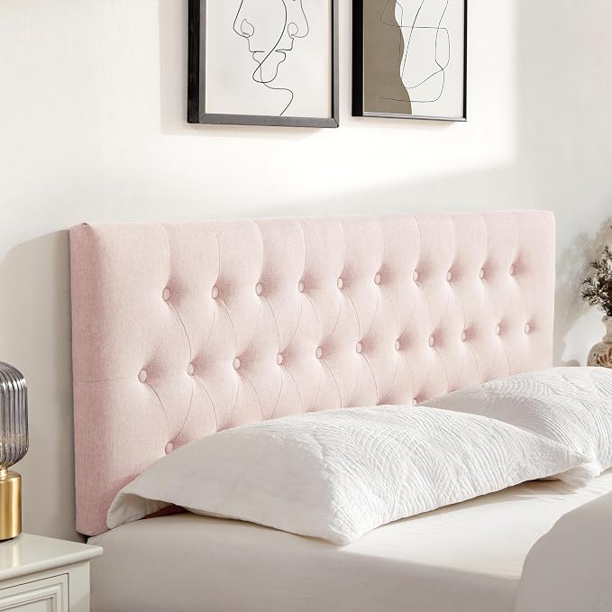 Tufted Upholstered Headboard Queen Size, Adjustable Height 37- 51 in, Pink | Sturdy and Durable Solid Wood Bed Headboard, Fabric Queen Headboard Only, Modern Button Diamond Design Head Board