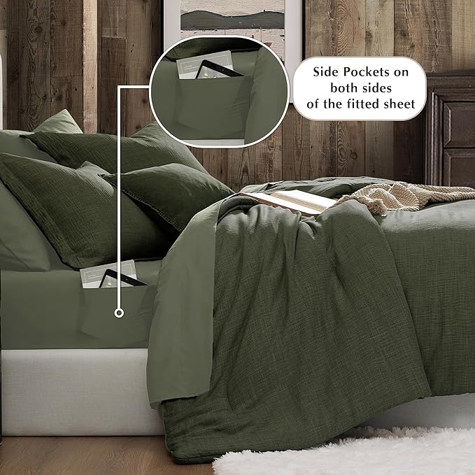 Geniospin Dark Olive Green Twin Comforter Set - 5 Pieces Comforter Twin Size, Solid Bedding Set for All Season, Textured Bed in a Bag with Sheets