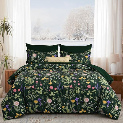 Yiran Queen Comforter Set 7 Piece, Dark Green Floral Bedding Set, Bed in a Bag Queen with Botanical Flowers Patterns, Soft Lightweight Complete Comforters with Sheets for All Season
