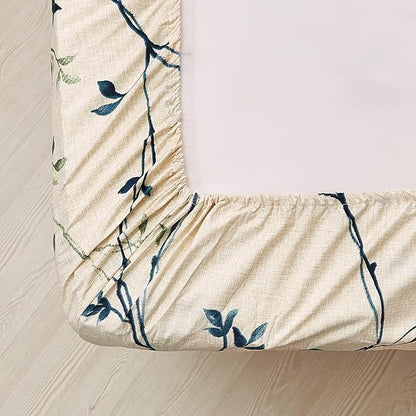 JSD Beige Leaves Print Sheet Set Full Size, 4 Piece Soft Botanical Microfiber Sheets Extra Deep Pocket Wrinkle Free
