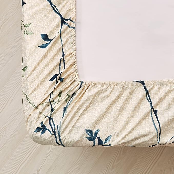JSD Beige Leaves Printed Sheet Set King Size, 4 Piece Botanical Pattern Microfiber Sheets Extra Deep Pocket