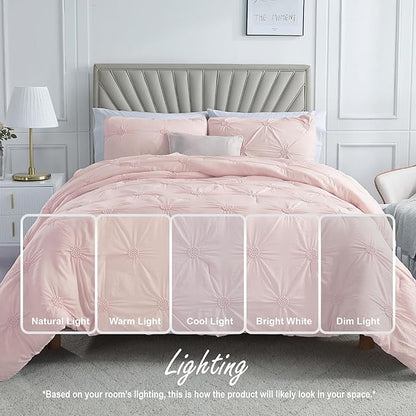 Swift Home King Baby Pink Rose Blush Comforter Set - Ruched 3D Floral Pintuck Bedding Set - 3 Pieces Bed Linen, 1 Comforter and 2 Pillow Shams