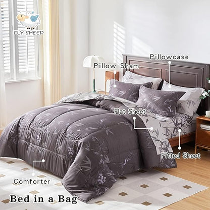 7-Piece Bed in a Bag King Comforter Set with Sheets, Black Leaves Botanical Design Lightweight Bedding for All Season (1 Comforter, 2 Pillow Shams, 1 Fitted Sheet, 2 Pillowcases)