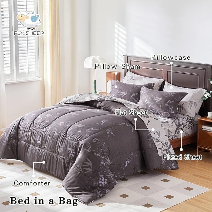 7 PC Bed in a Bag Queen Comforter Set w/ Sheets & Pillowcases, Black Leaves Botanical Design Lightweight Bedding for All Season (1 Comforter, 2 Pillow Shams, 1 Fitted Sheet, 2 Pillowcases)