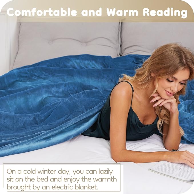 Electric Heated Blanket King Size 90"×100", Comfortable & Luxurious Flannel, 4 Heating Levels & 10 H Auto Shut Off, Lake Blue