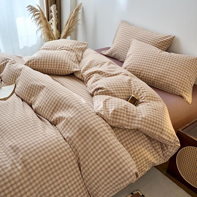 EAVD Vintage Style Pink&Tan Plaid Duvet Cover King Soft 100% Washed Cotton Chic Checkered Gingham Bedding Set with 2 Pillowcases Farmhouse Gingham Duvet Cover with Zipper Closure
