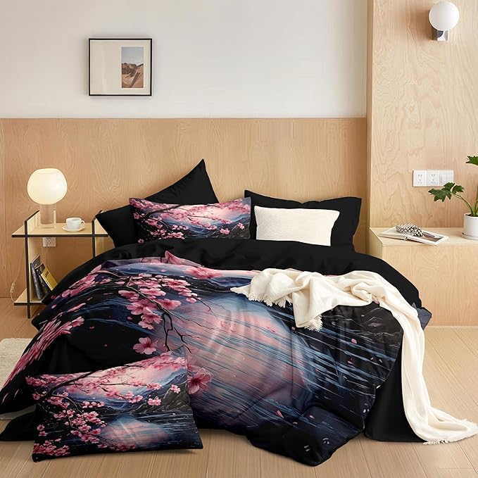 Japanese Style Comforter Set Twin,Cherry Blossom Lightweight Comforter for Girls, 2Pcs Black Pink Floral Painting Soft Bedding Set with 2 Pillowcases,Great Bedroom Decor