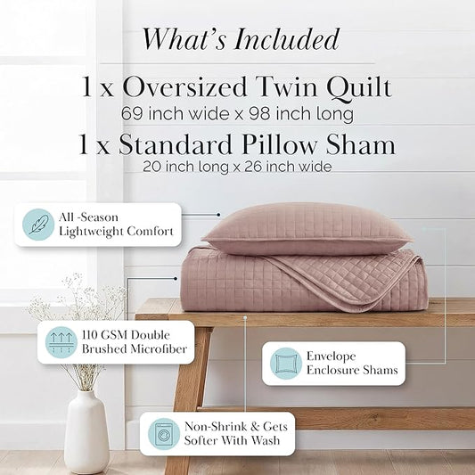 Southshore Fine Living, Inc. Twin Quilt Bedding Set, Soft Brushed Microfiber Quilt, Twin Coverlet Bedspread, Wrinkle & Pet Hair Resistant Bedding, Easy Care, with 1 Pillow Sham, Lavender