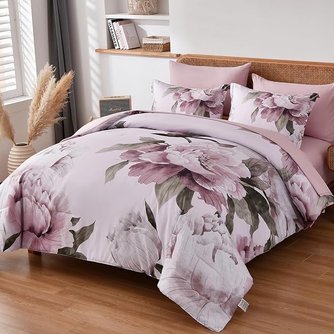 Dobuyly Pink Floral Comforter Set Queen 7 Piece Bed in a Bag, Blush Flowers Printed on Light Pink Comforter Set with Sheets, Soft Microfiber Botanical Bedding Set for All Season