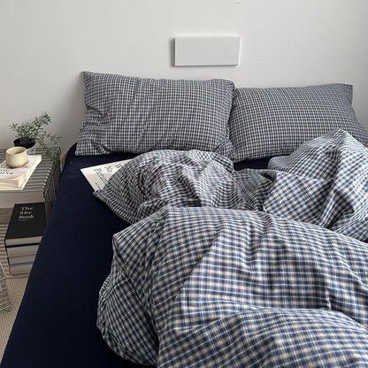 Navy Blue Gingham Duvet Cover Twin XL Washed Cotton Plaid Twin XL Comforter Cover Farmhouse Soft Breathable Checkered Duvet Cover Set with Zipper Vintage Boho Bedding Neutral Duvet Protector